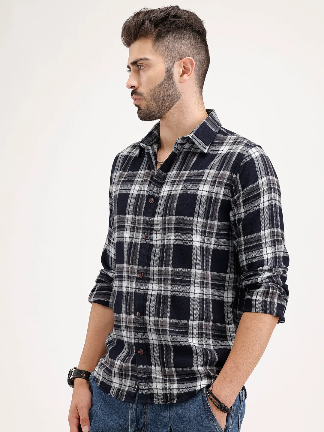 Regular Fit Textured Checkered Shirt | Navy Blue - Image 4