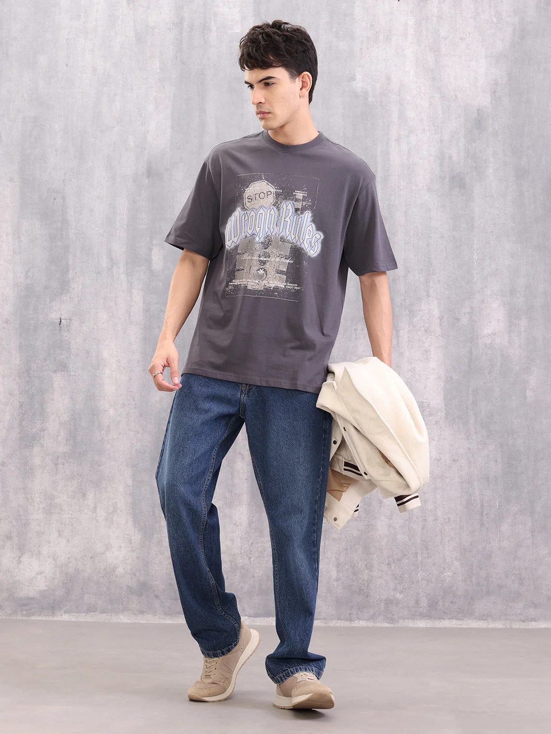 Retro Graphic Printed Oversized Fit T-shirt | Dark Grey - Image 2
