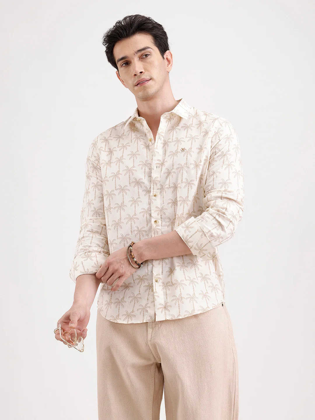 Slim Fit AOP Linen Blend Shirt | Off White