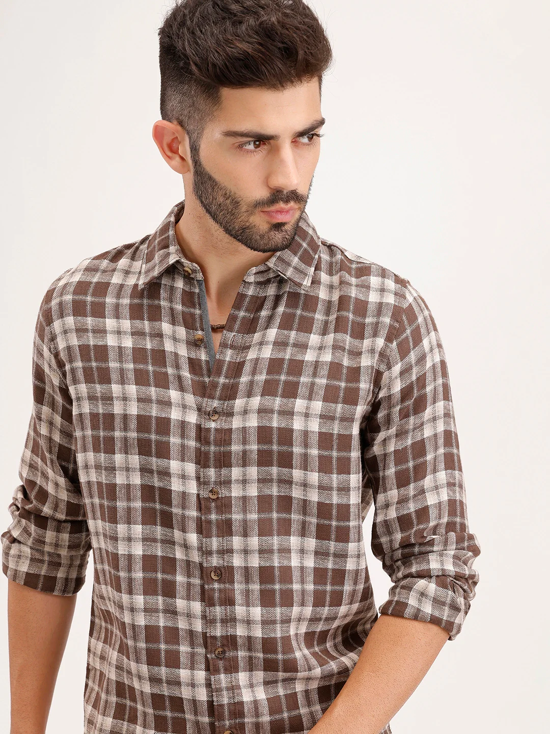 Slim Fit Checkered Full Sleeve Shirt | Brown