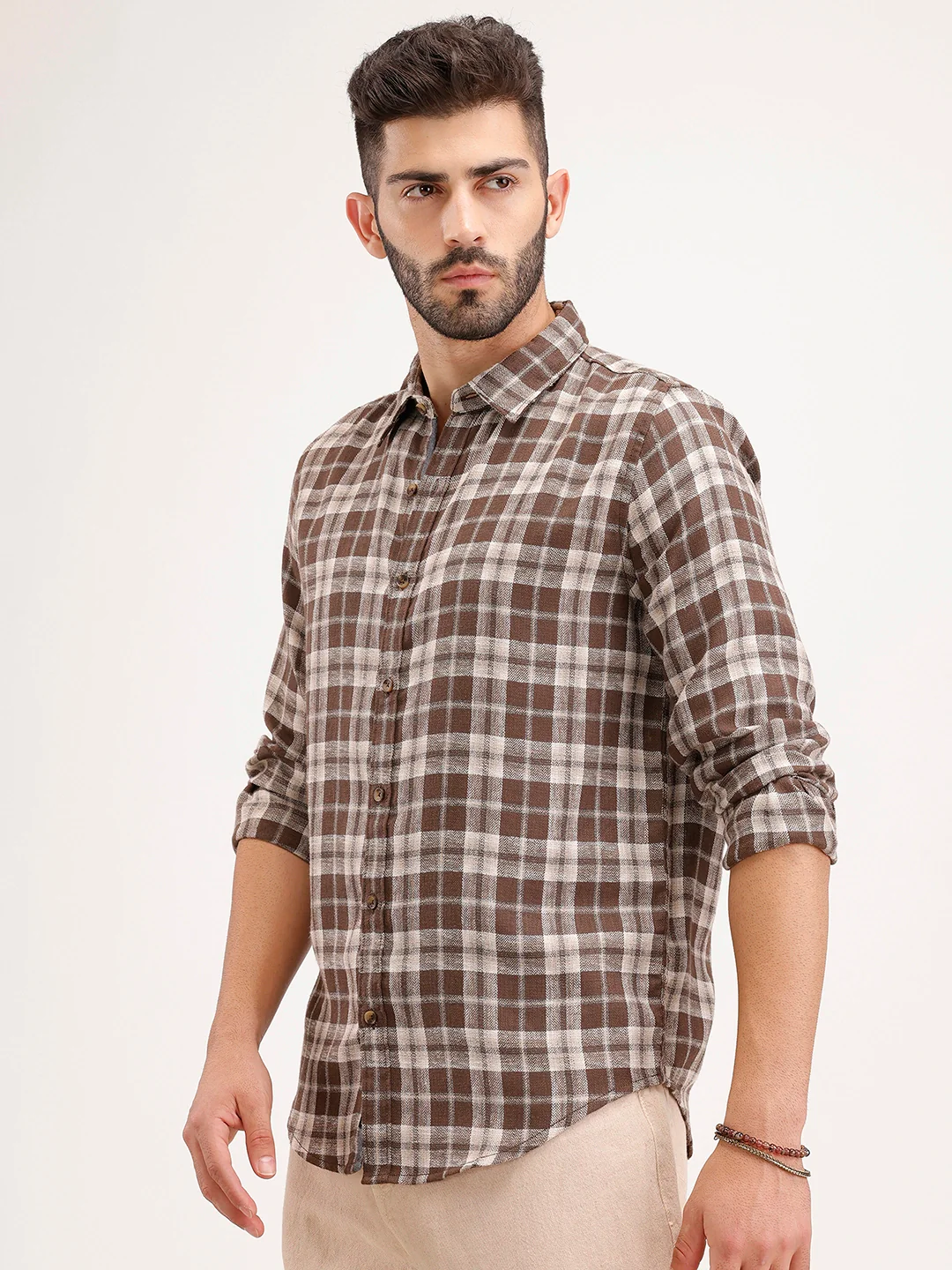 Slim Fit Checkered Full Sleeve Shirt | Brown - Image 4