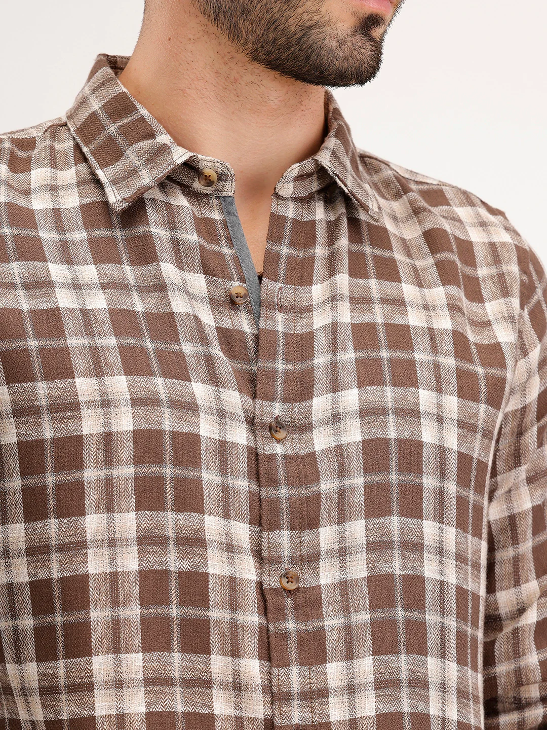 Slim Fit Checkered Full Sleeve Shirt | Brown - Image 5
