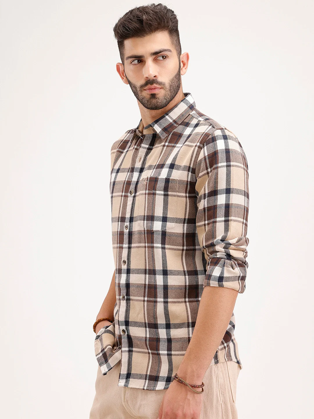 Slim Fit Checkered Full Sleeve Shirt | Brown - Image 4