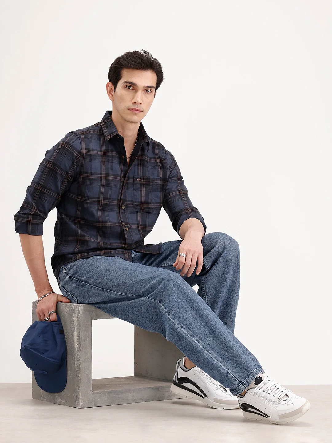 Slim Fit Checkered Shirt | Navy Blue - Image 2