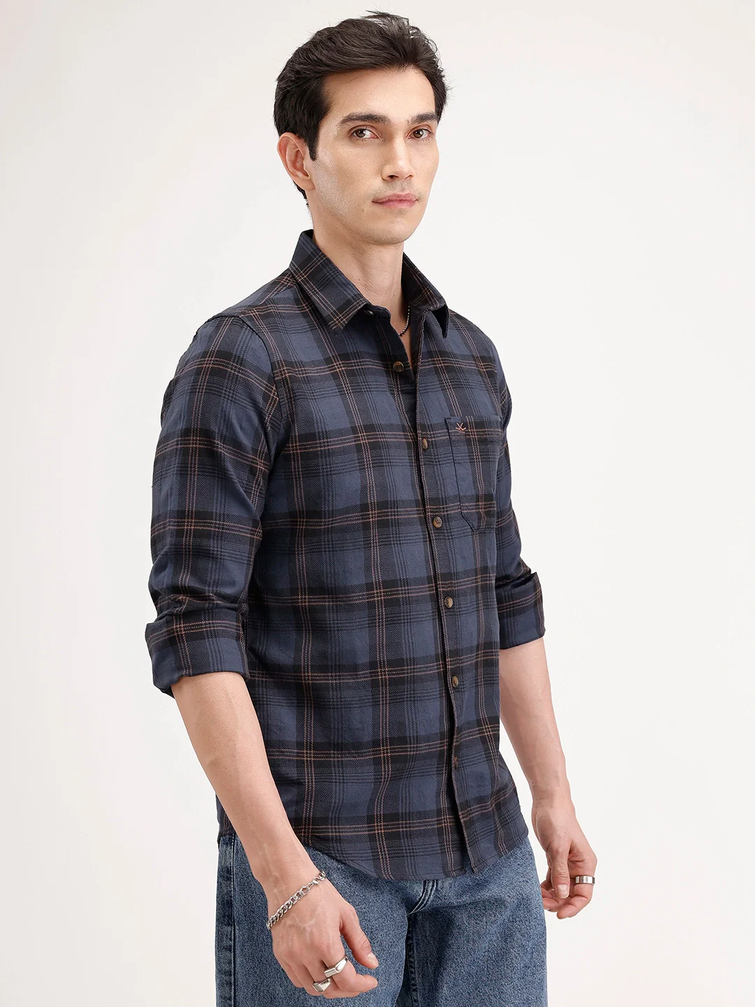 Slim Fit Checkered Shirt | Navy Blue - Image 4