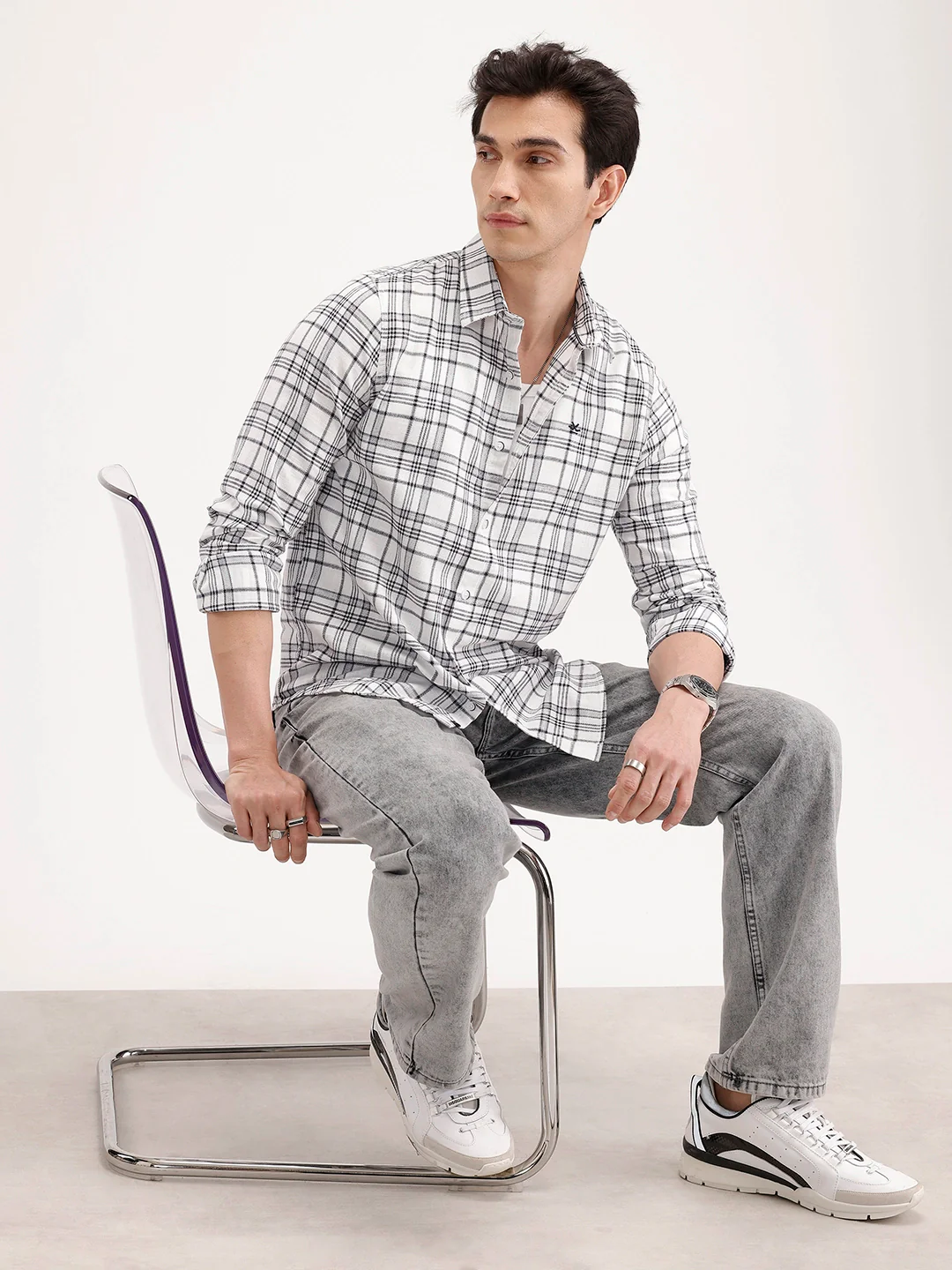 Slim Fit Checkered Shirt | White - Image 2