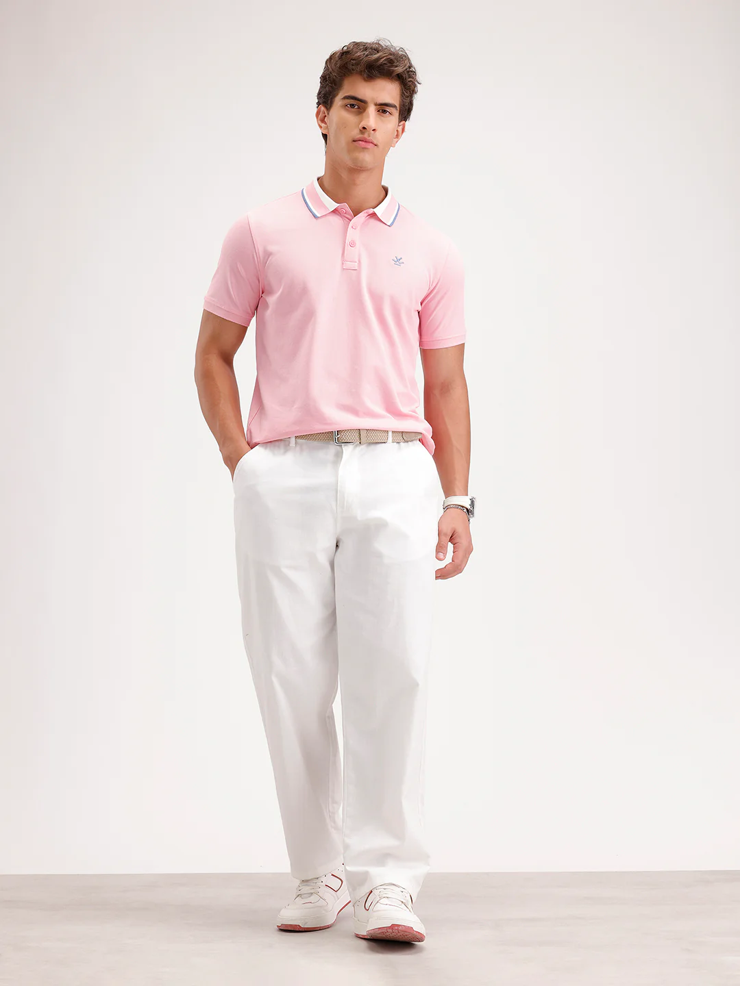 Slim Fit Contrast Collar Polo T-Shirt | Pink - Image 2