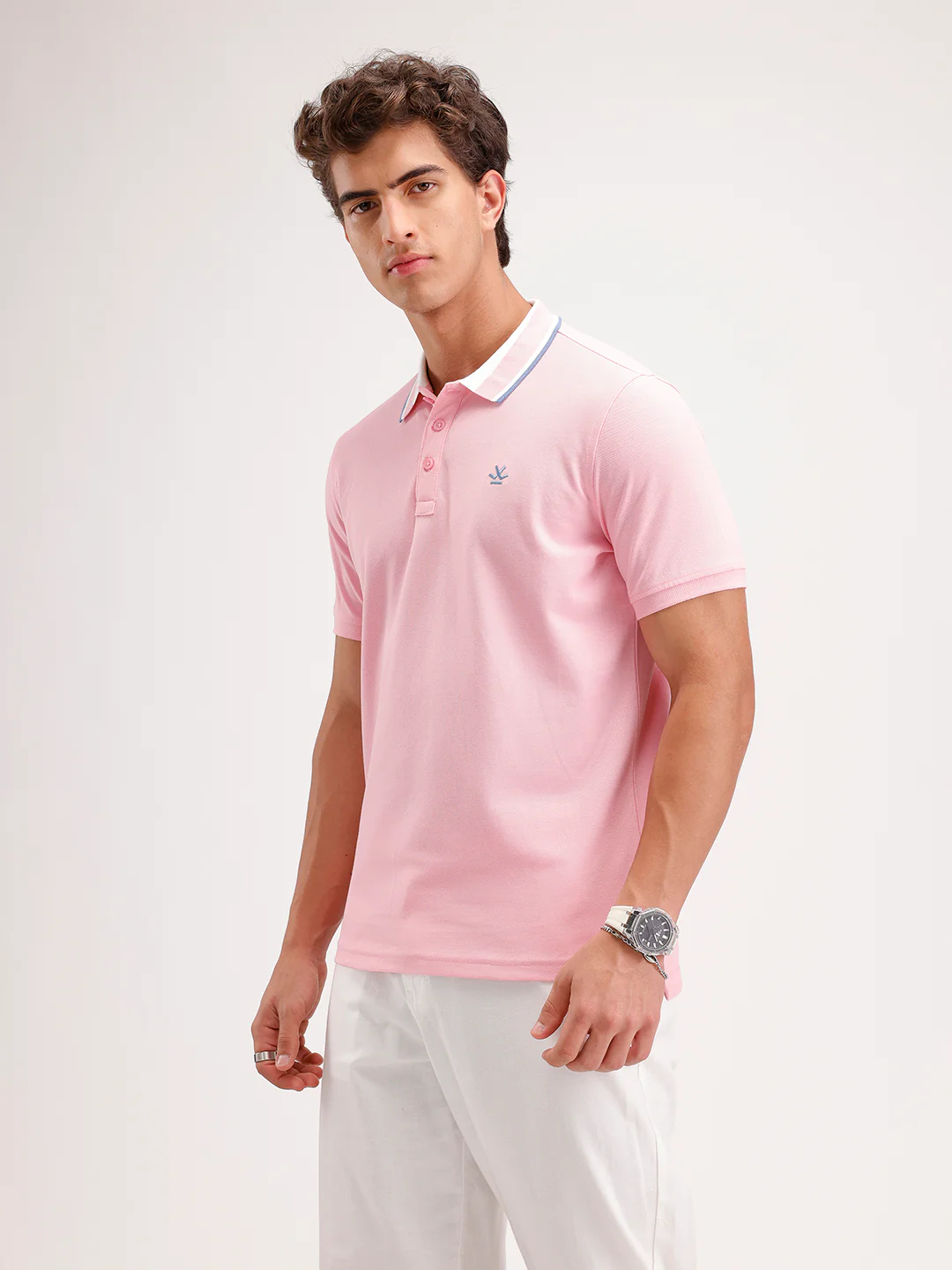 Slim Fit Contrast Collar Polo T-Shirt | Pink - Image 4