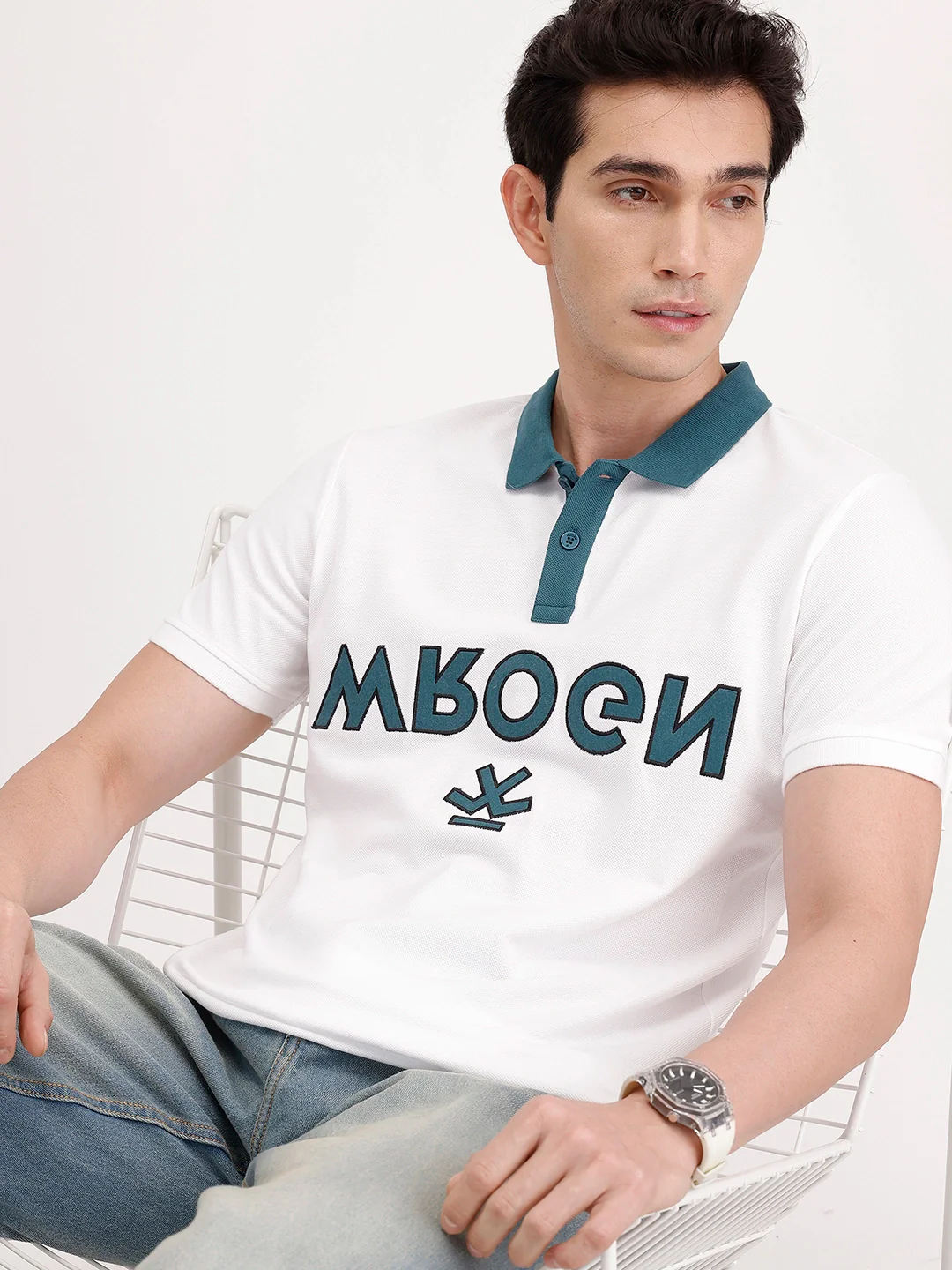 Slim Fit Contrast Collar Polo T-Shirt | White