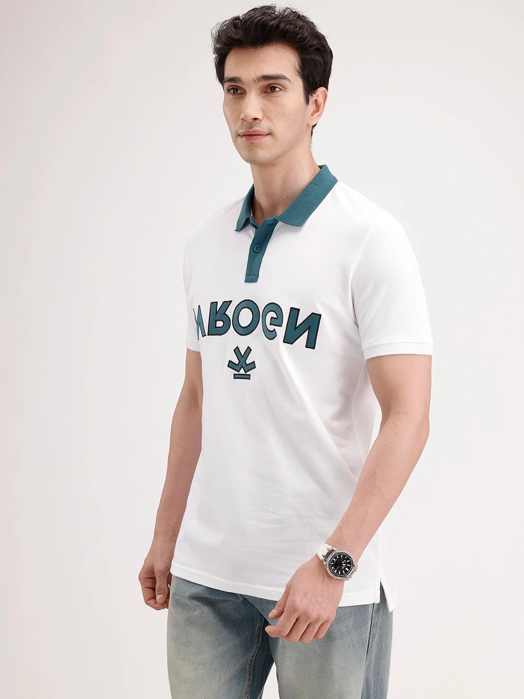 Slim Fit Contrast Collar Polo T-Shirt | White - Image 4