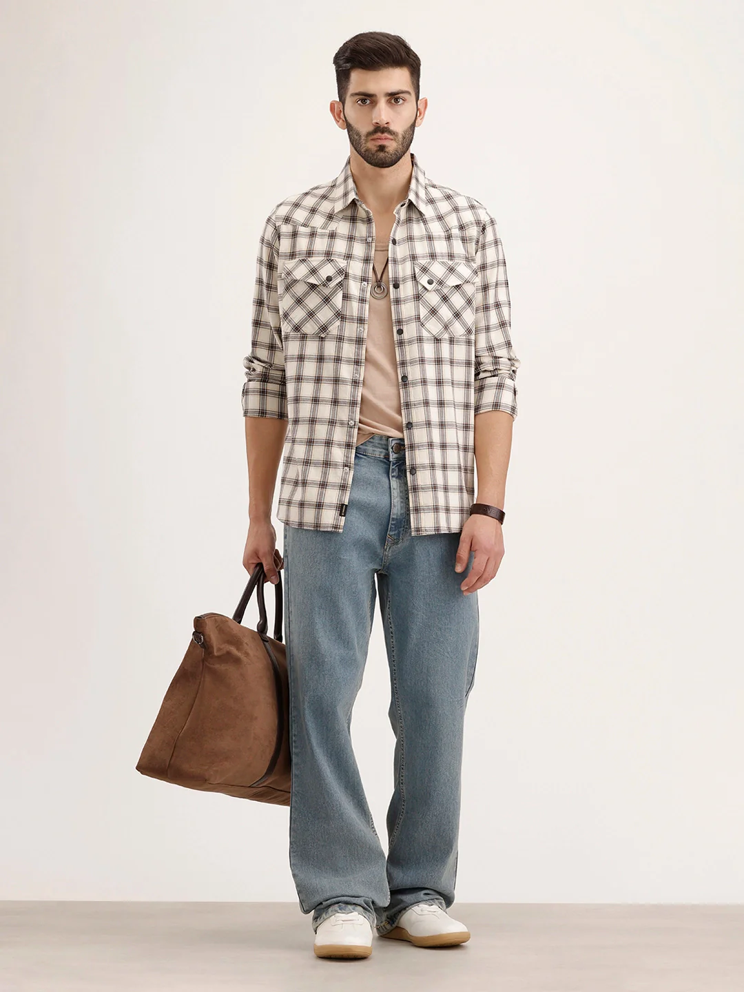 Slim Fit Double Pocket Checkered Shirt | Beige - Image 2