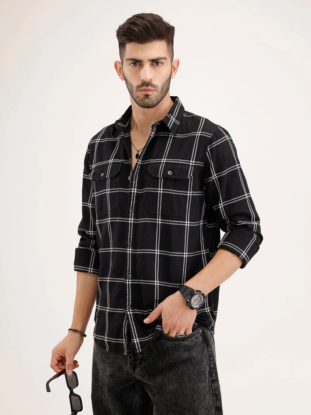 Slim Fit Double Pocket Checkered Shirt | Black