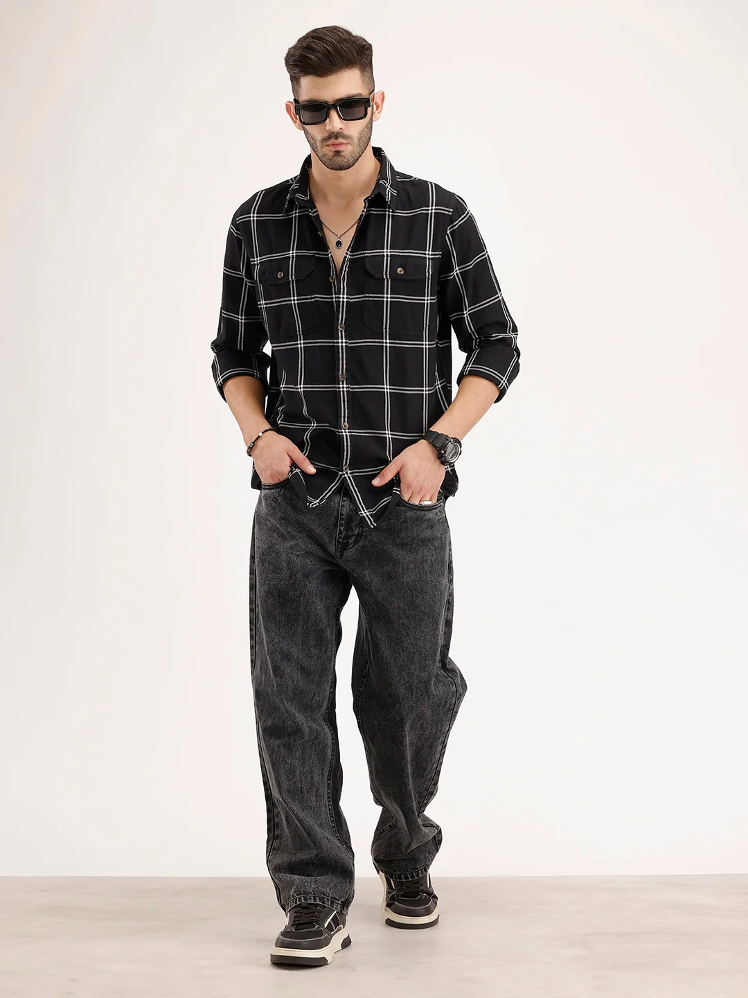 Slim Fit Double Pocket Checkered Shirt | Black - Image 2