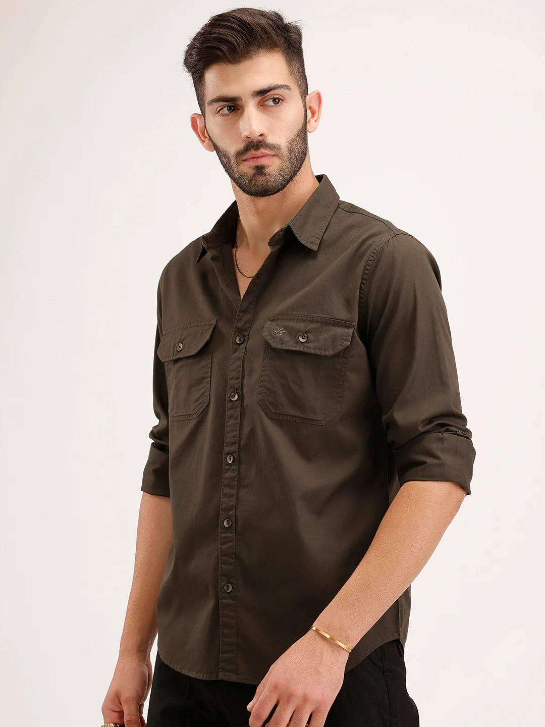 Slim Fit Double Pocket Shirt | Dark Green - Image 4