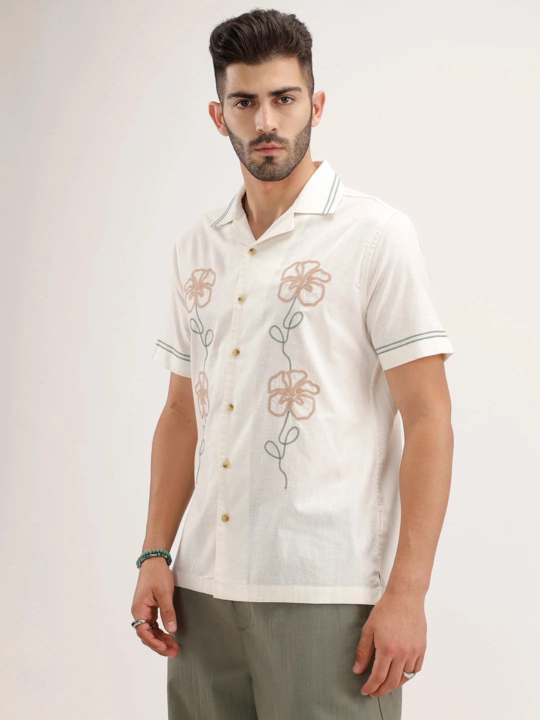 Slim Fit Emroidered Resort Collar Shirt | White - Image 4