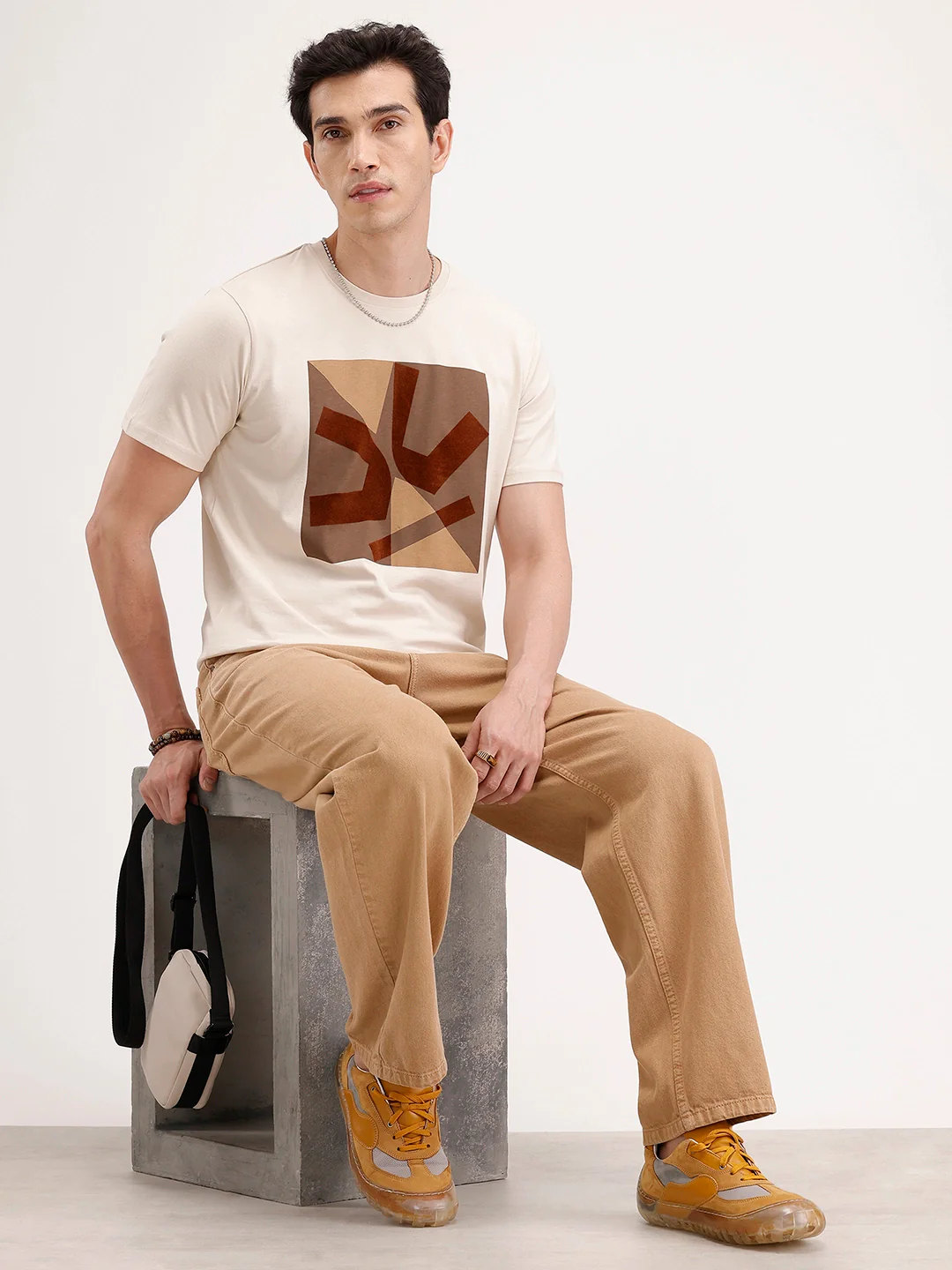 Slim Fit Flock Printed T-Shirt | Beige - Image 2
