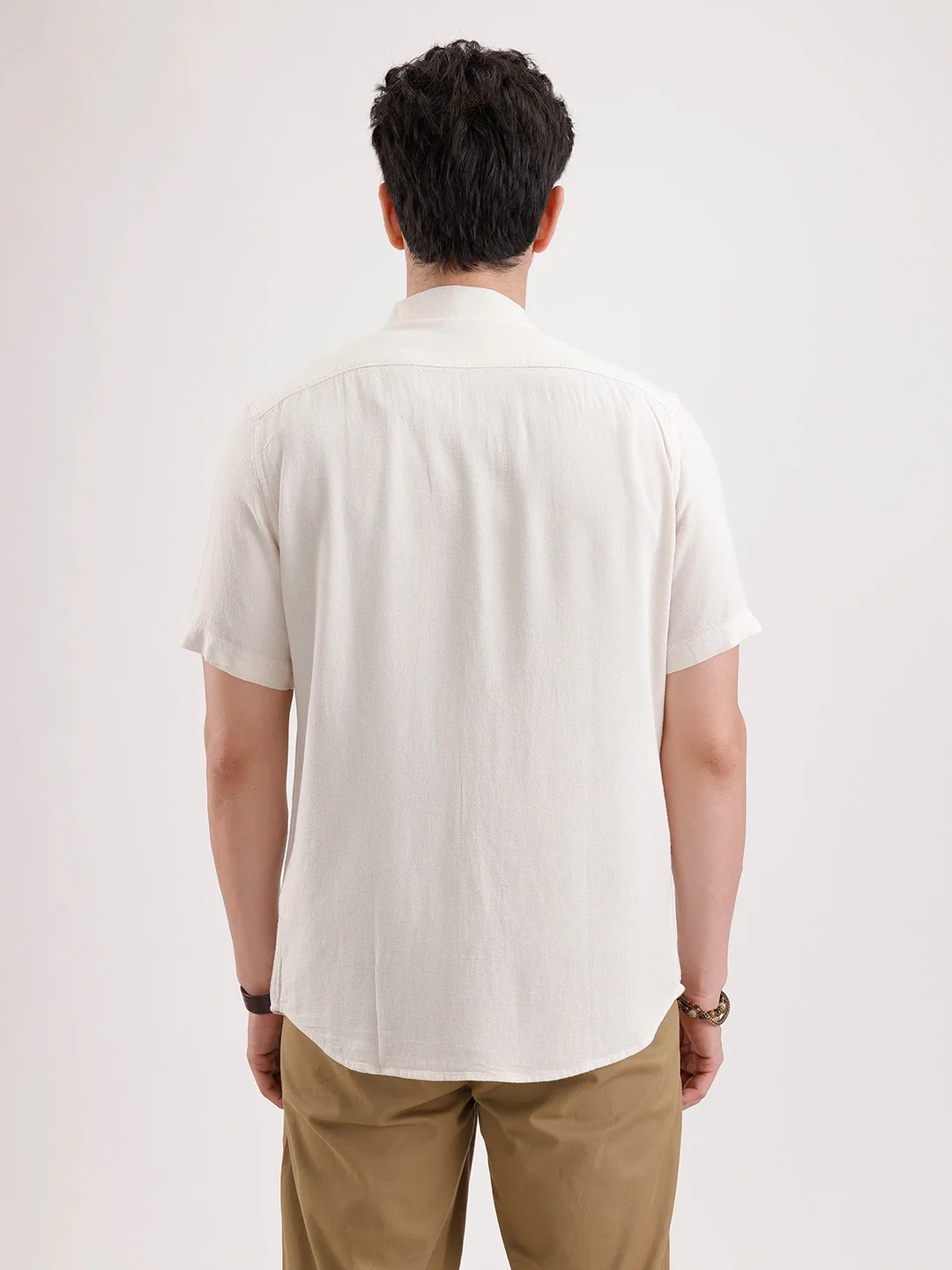 Slim Fit Half Sleeve Linen Blend Shirt | Beige - Image 3