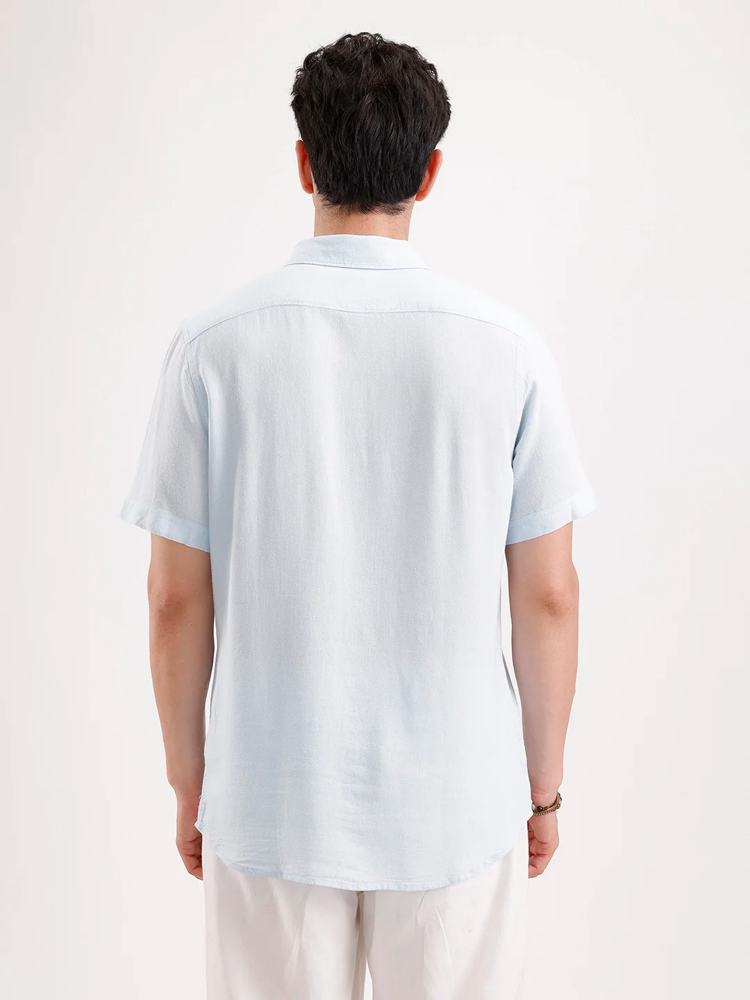 Slim Fit Half Sleeve Linen Blend Shirt | Light Blue - Image 3