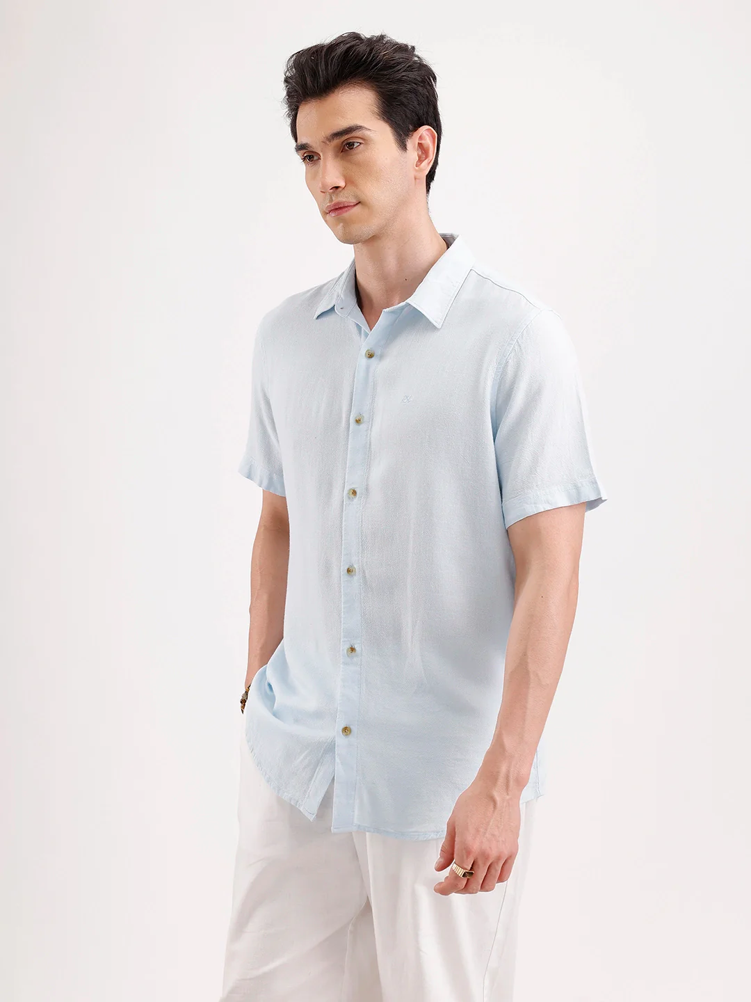 Slim Fit Half Sleeve Linen Blend Shirt | Light Blue - Image 4