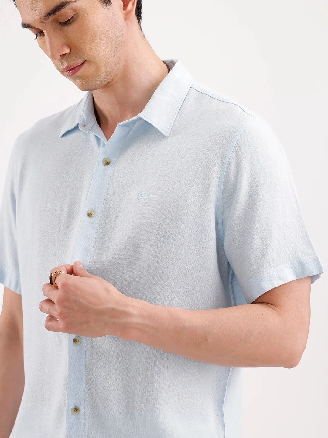 Slim Fit Half Sleeve Linen Blend Shirt | Light Blue - Image 5