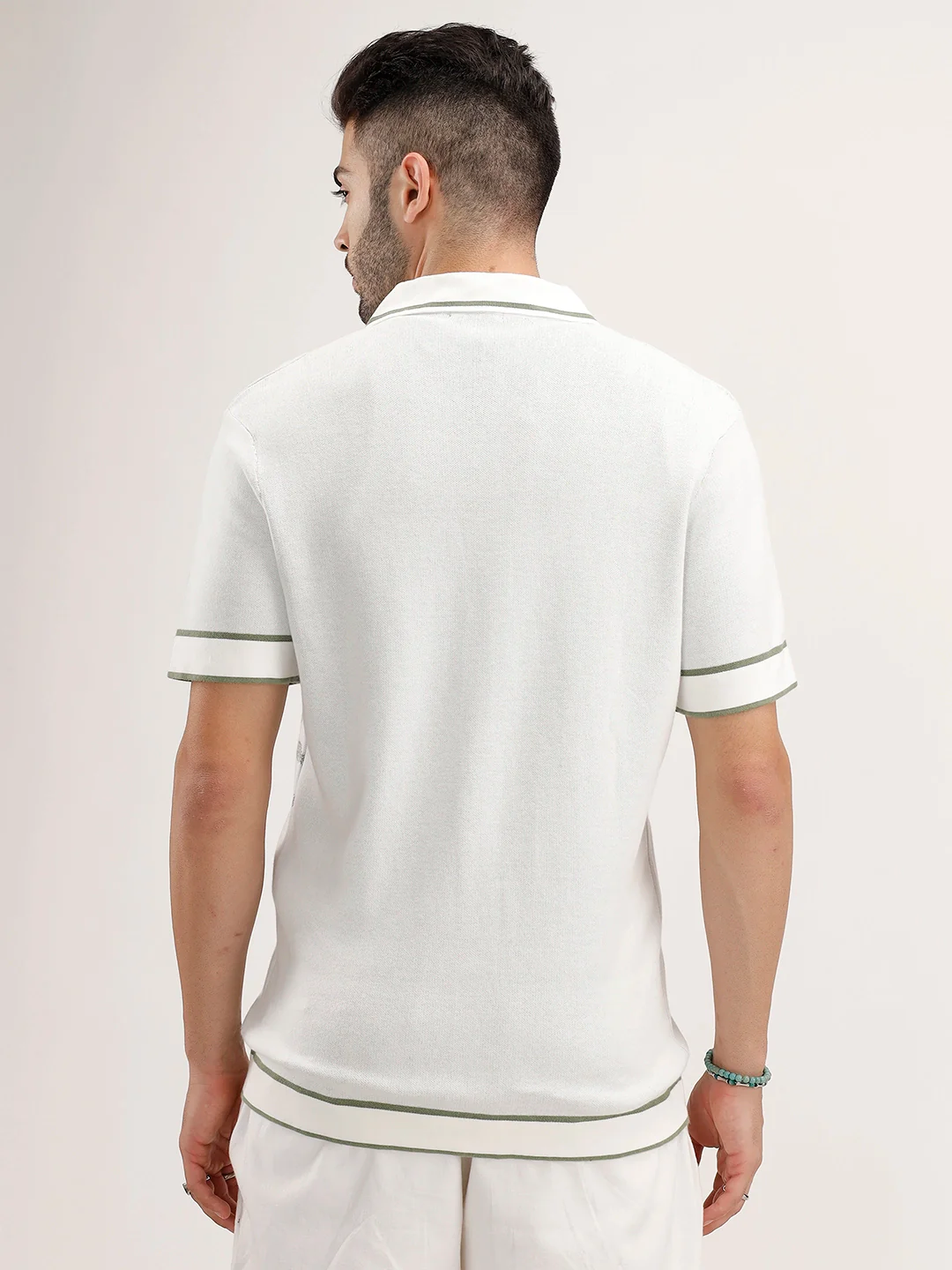 Slim Fit Jacquard Resort Collar Shirt | Off White - Image 3