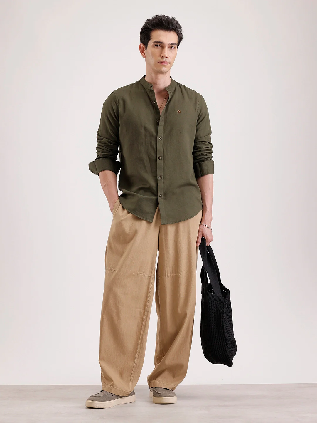Slim Fit Mandrin Collar Linen Blend Shirt | Olive - Image 2