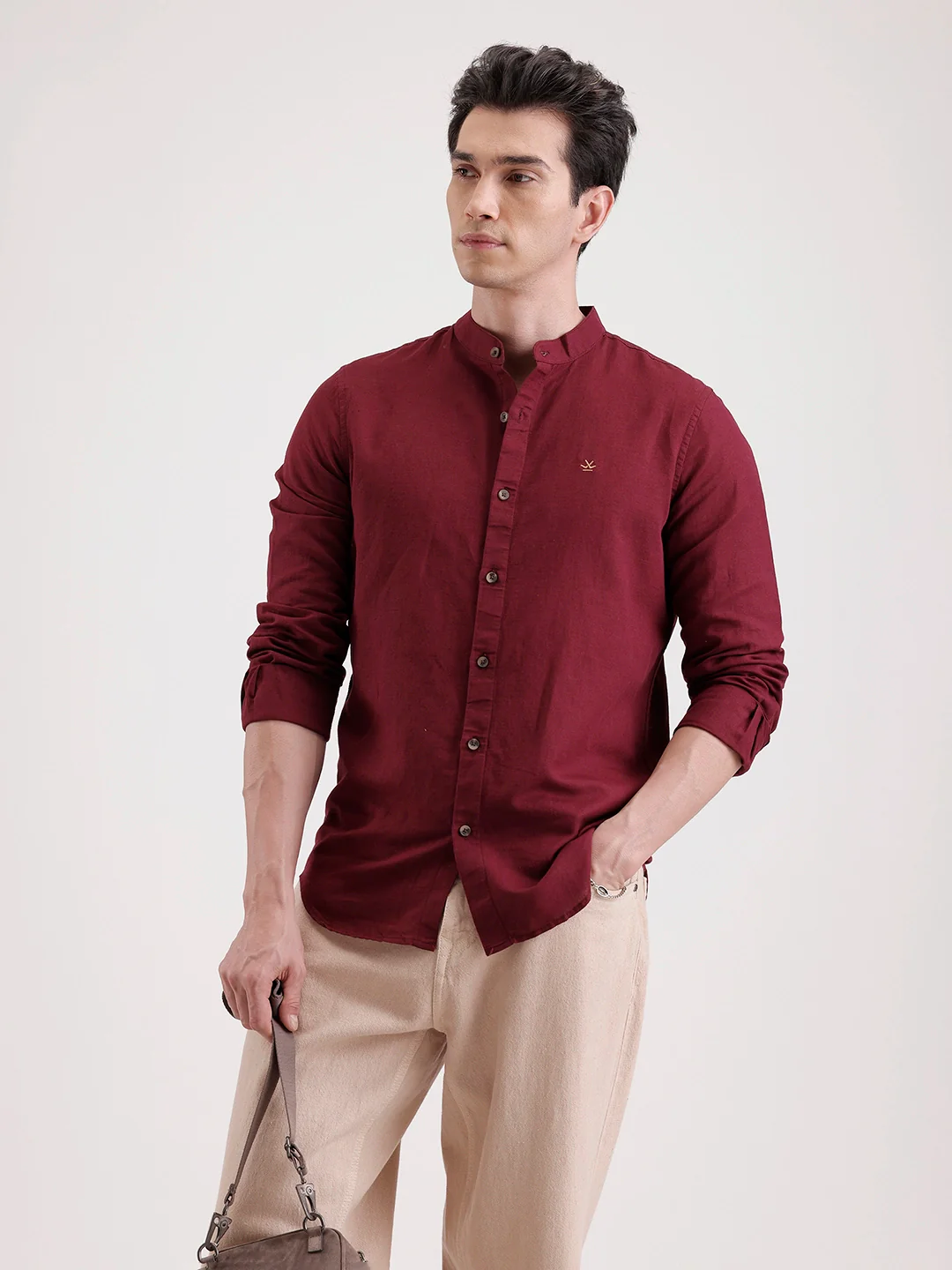 Slim Fit Mandrin Collar Linen Blend Shirt | Wine