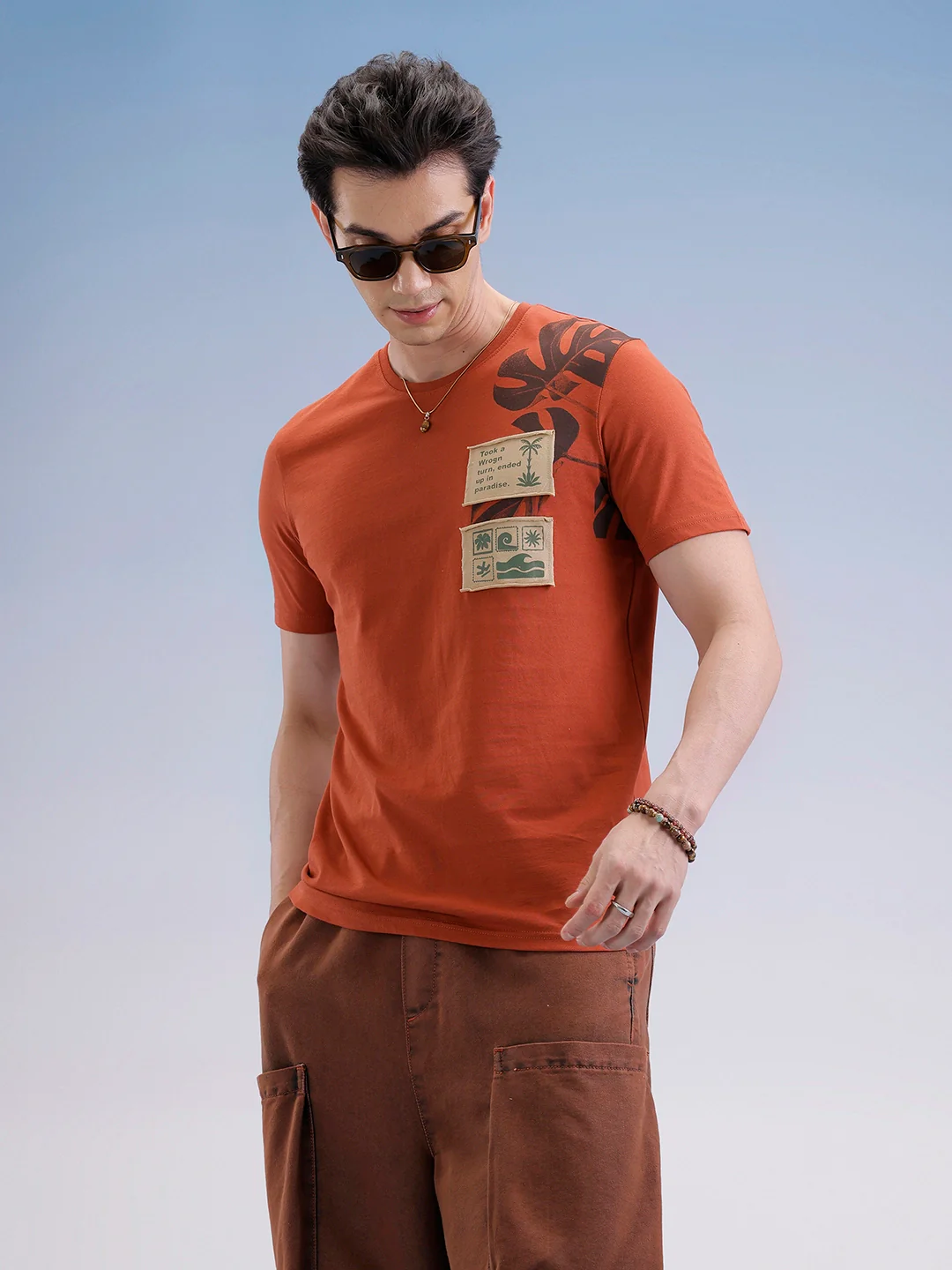 Slim Fit Placement Patch Printed T-Shirt | Rust
