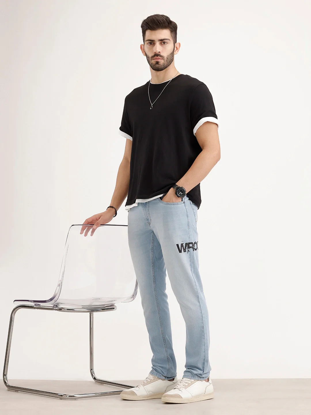Slim Fit Placement Printed Denim Jeans | Light Blue - Image 2