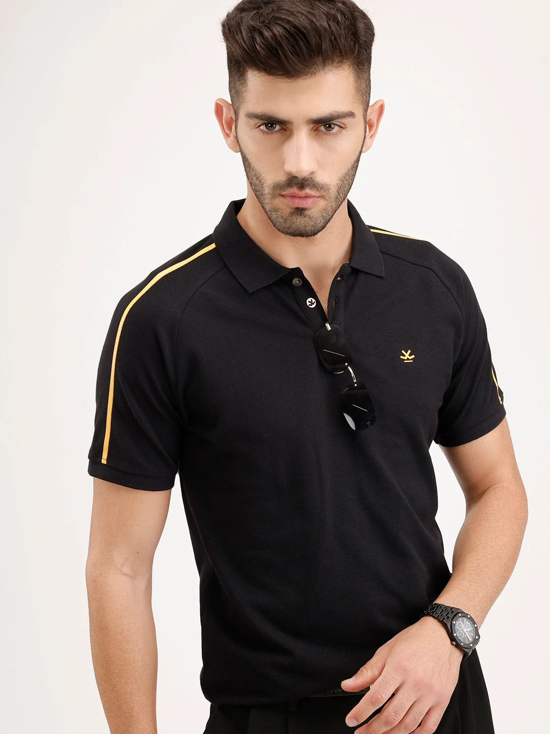 Slim Fit Raglan Collar Polo T-Shirt | Black