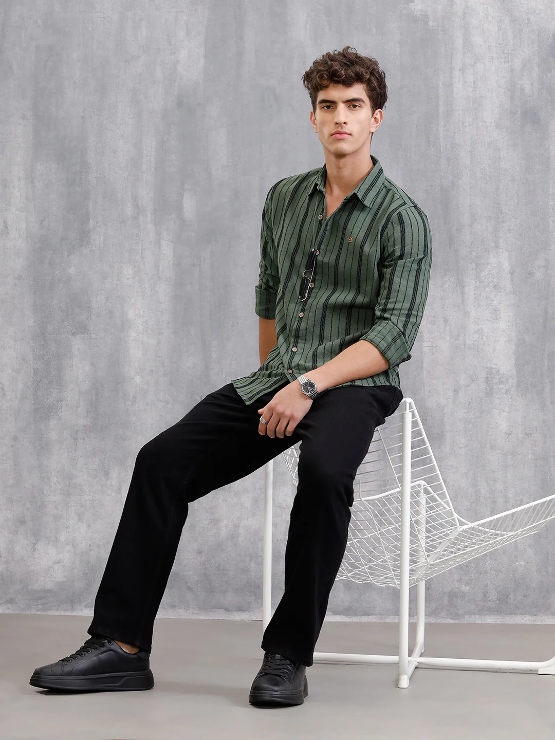 Slim Fit Stripe Shirt In Chenille Yarn | Olive - Image 2