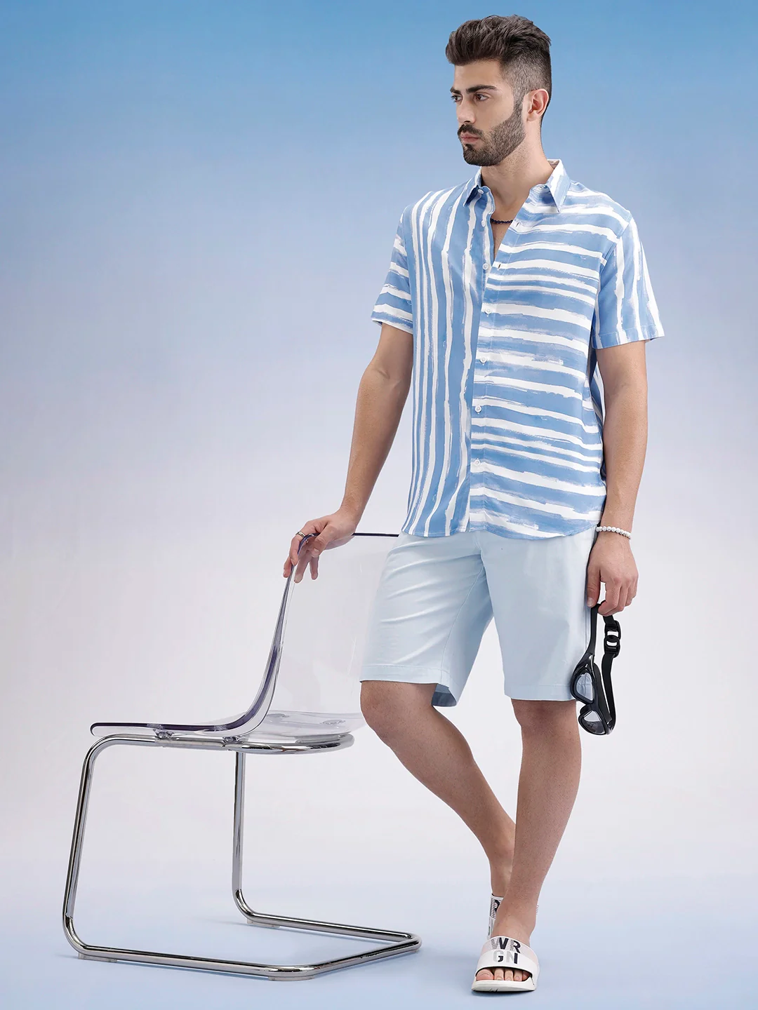 Slim Fit Striped Half Sleeve Shirt | Blue - Image 2