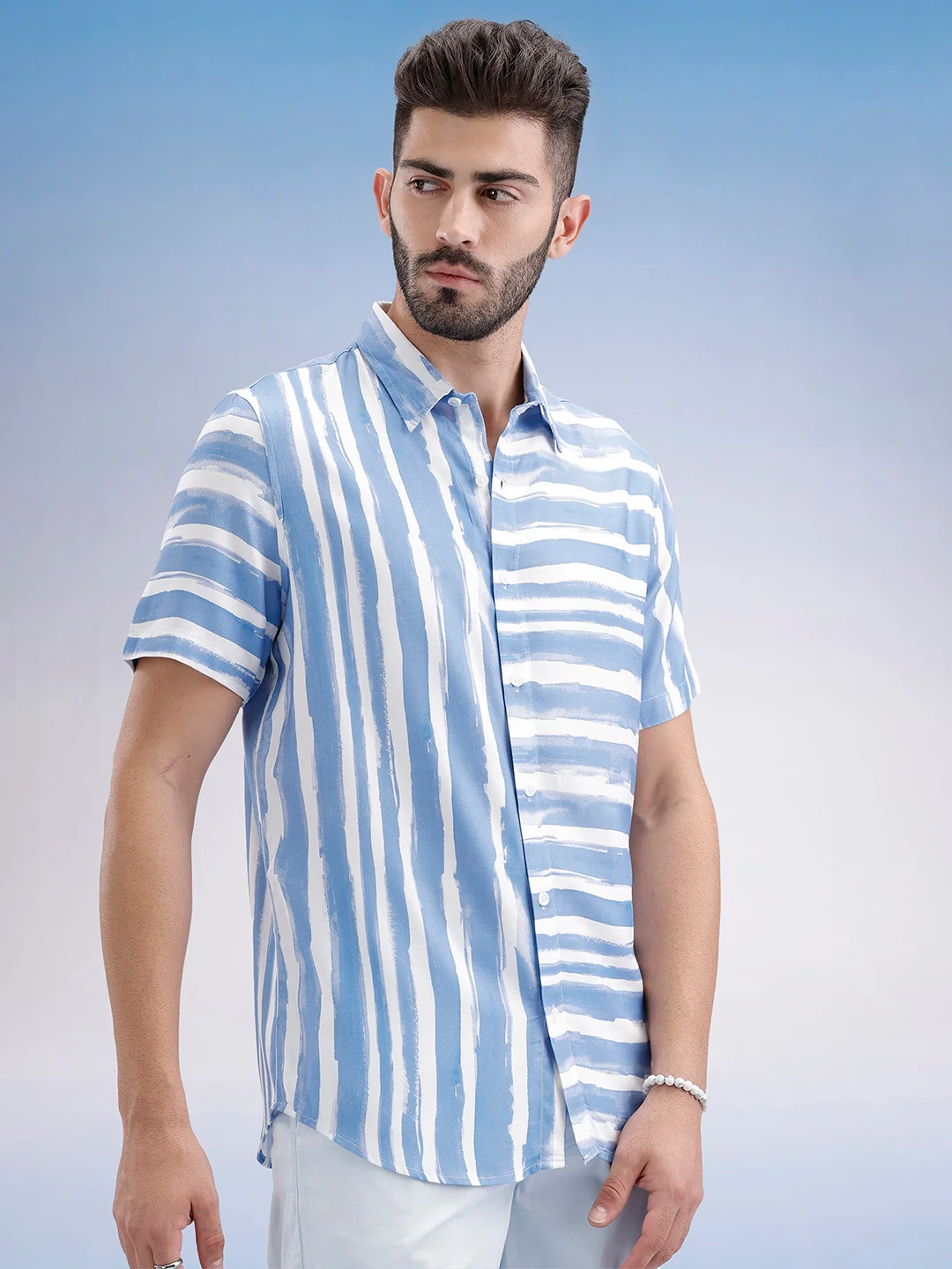Slim Fit Striped Half Sleeve Shirt | Blue - Image 4