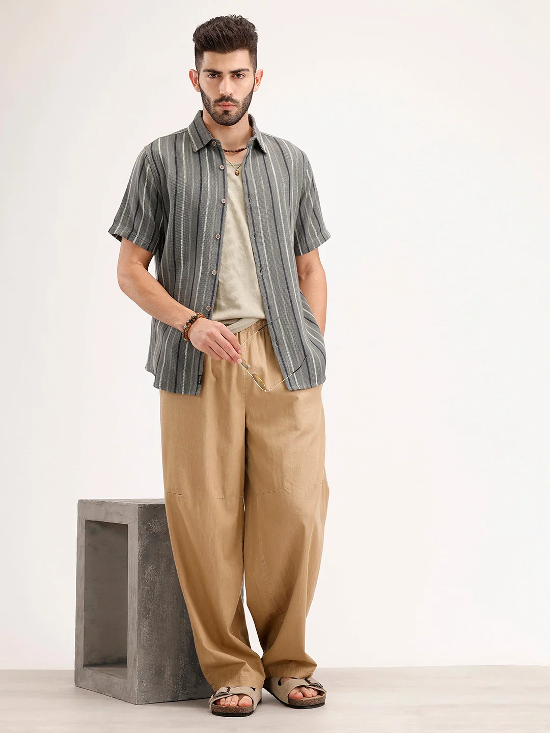 Slim Fit Striped Half Sleeve Shirt | Olive - Image 2
