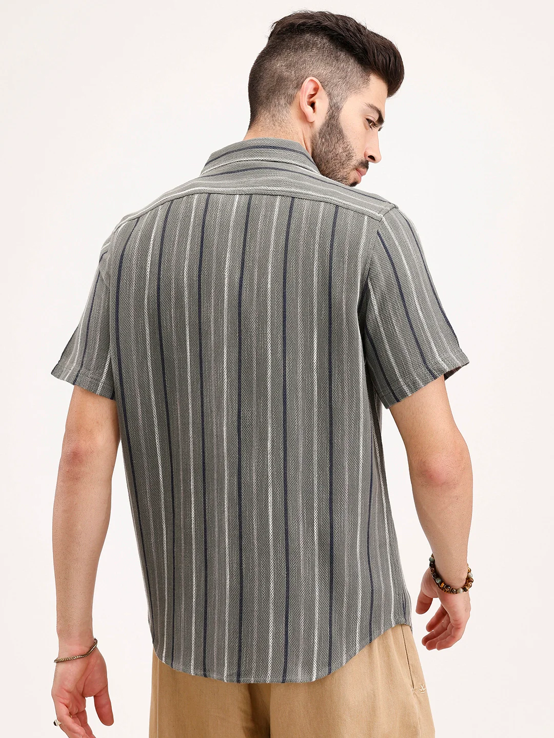 Slim Fit Striped Half Sleeve Shirt | Olive - Image 3