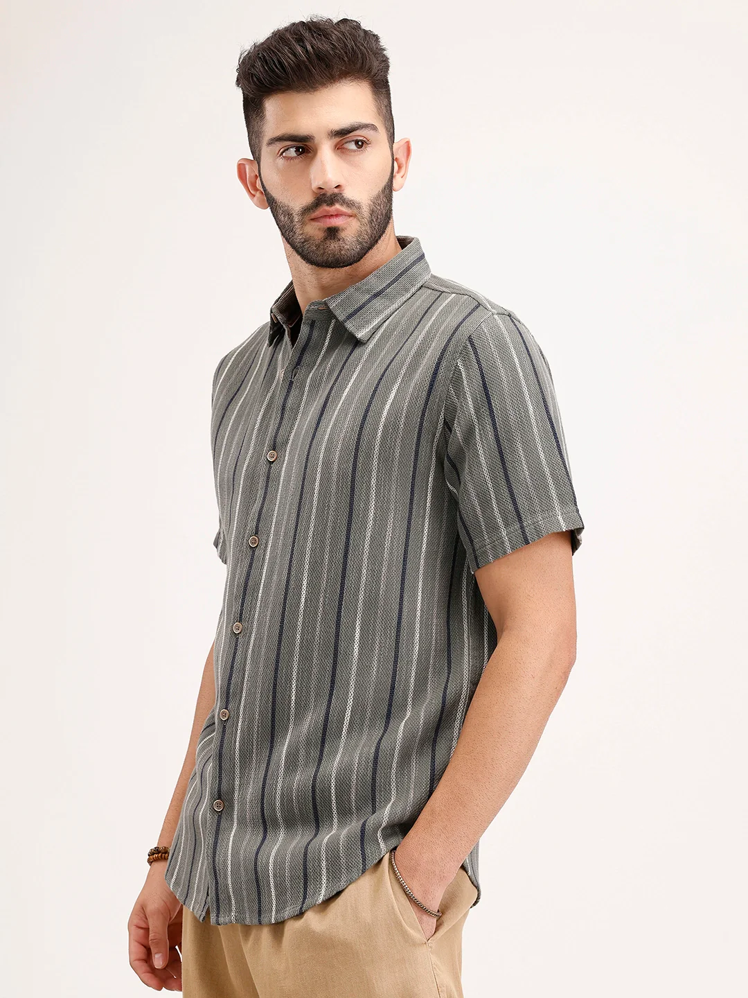 Slim Fit Striped Half Sleeve Shirt | Olive - Image 4