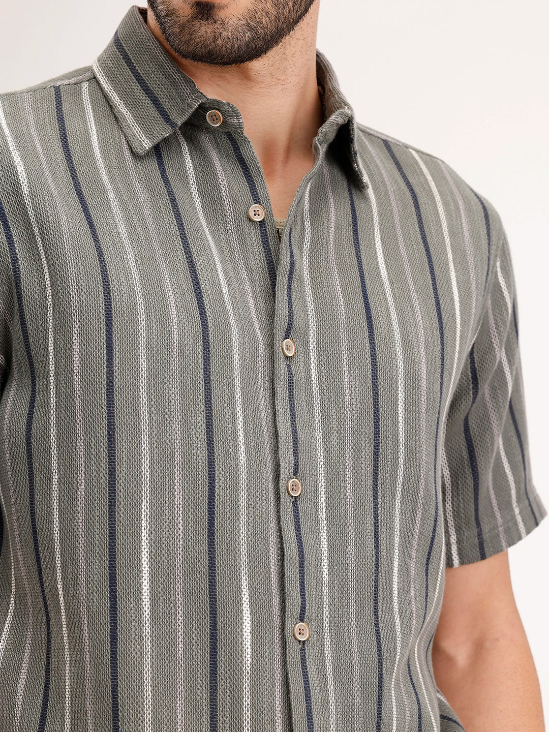 Slim Fit Striped Half Sleeve Shirt | Olive - Image 5