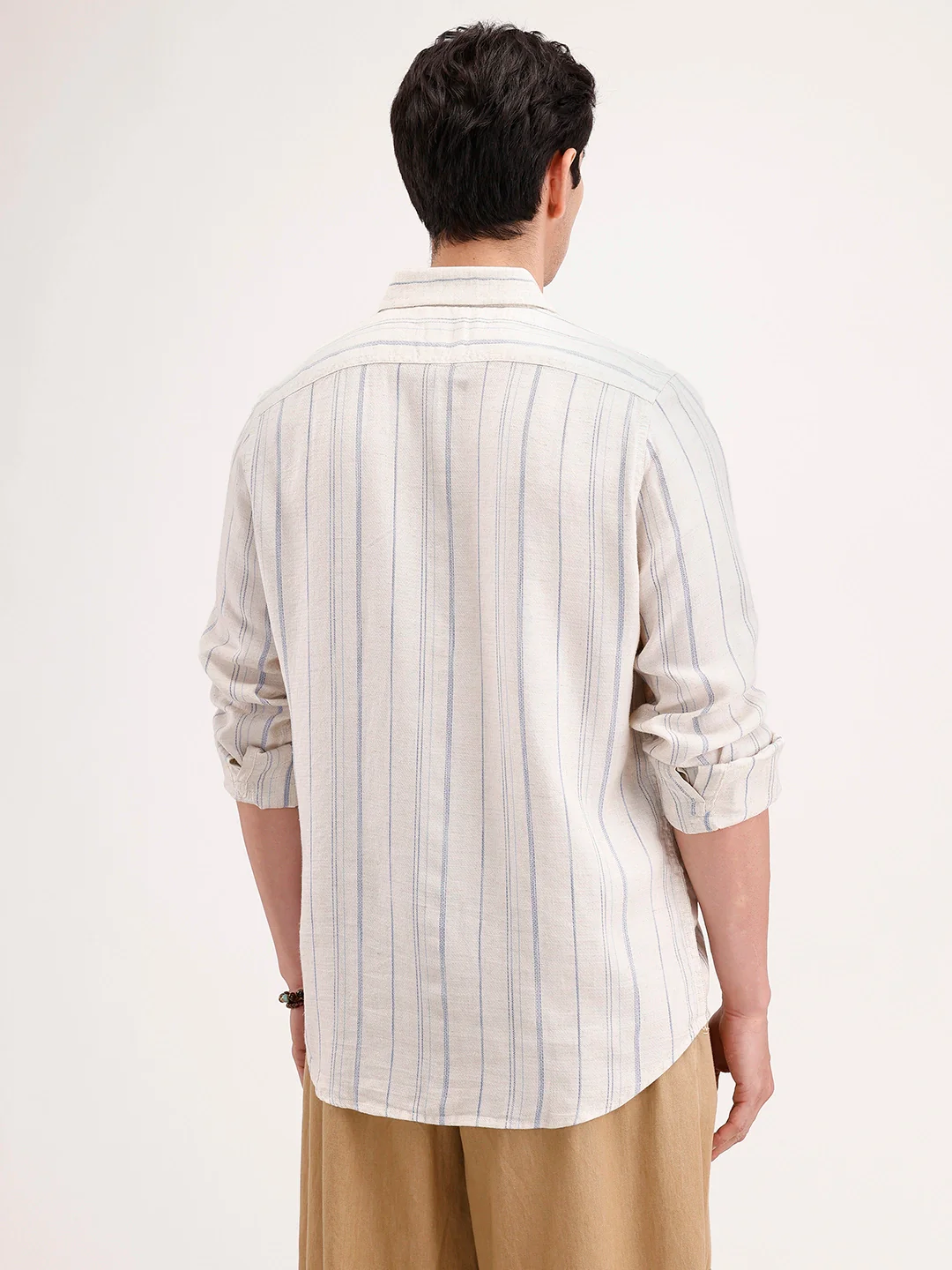 Slim Fit Striped Linen Blend Shirt | Off White - Image 3