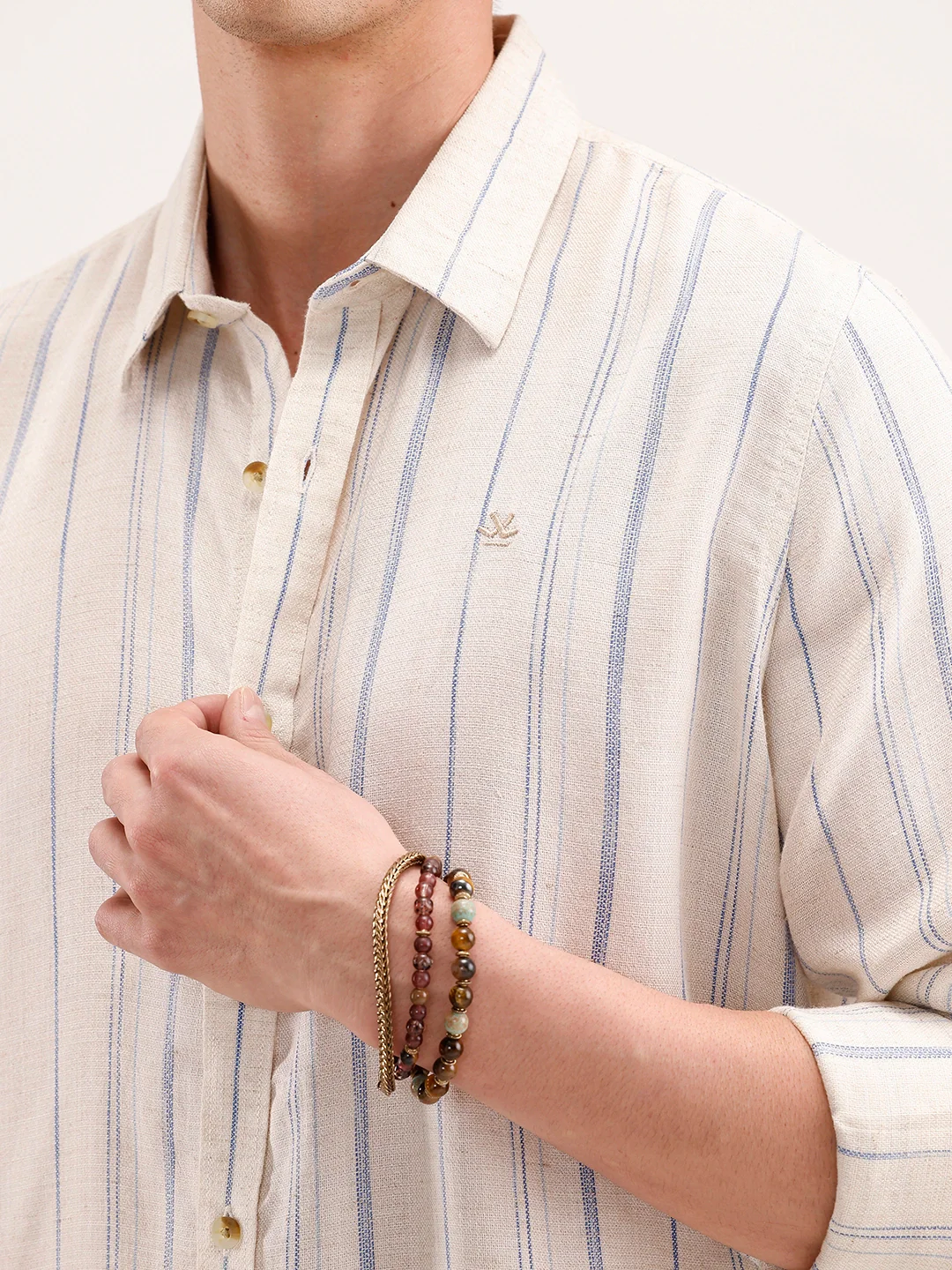 Slim Fit Striped Linen Blend Shirt | Off White - Image 5