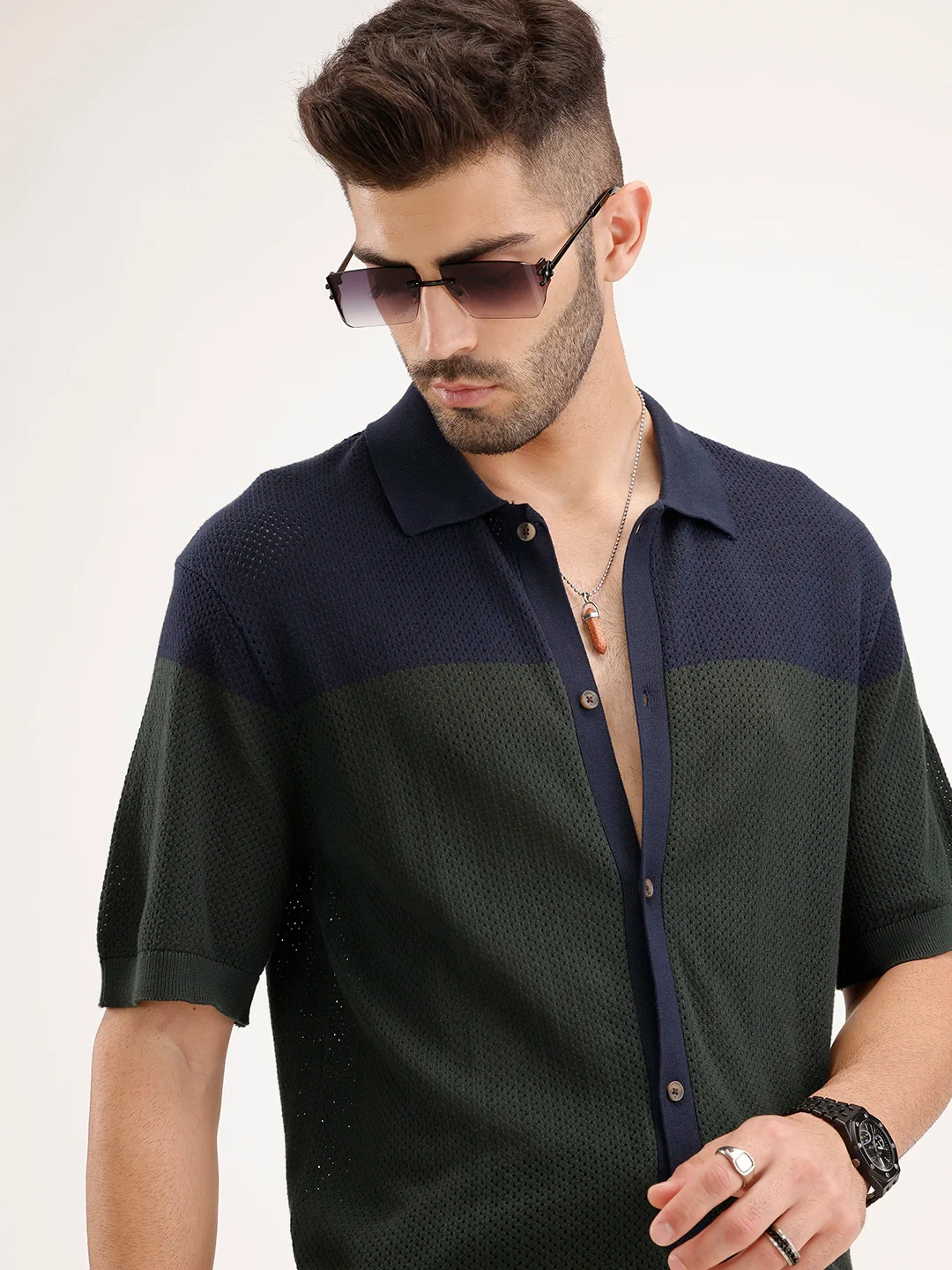 Slim Fit Textured Colourblock Shirt | Olive