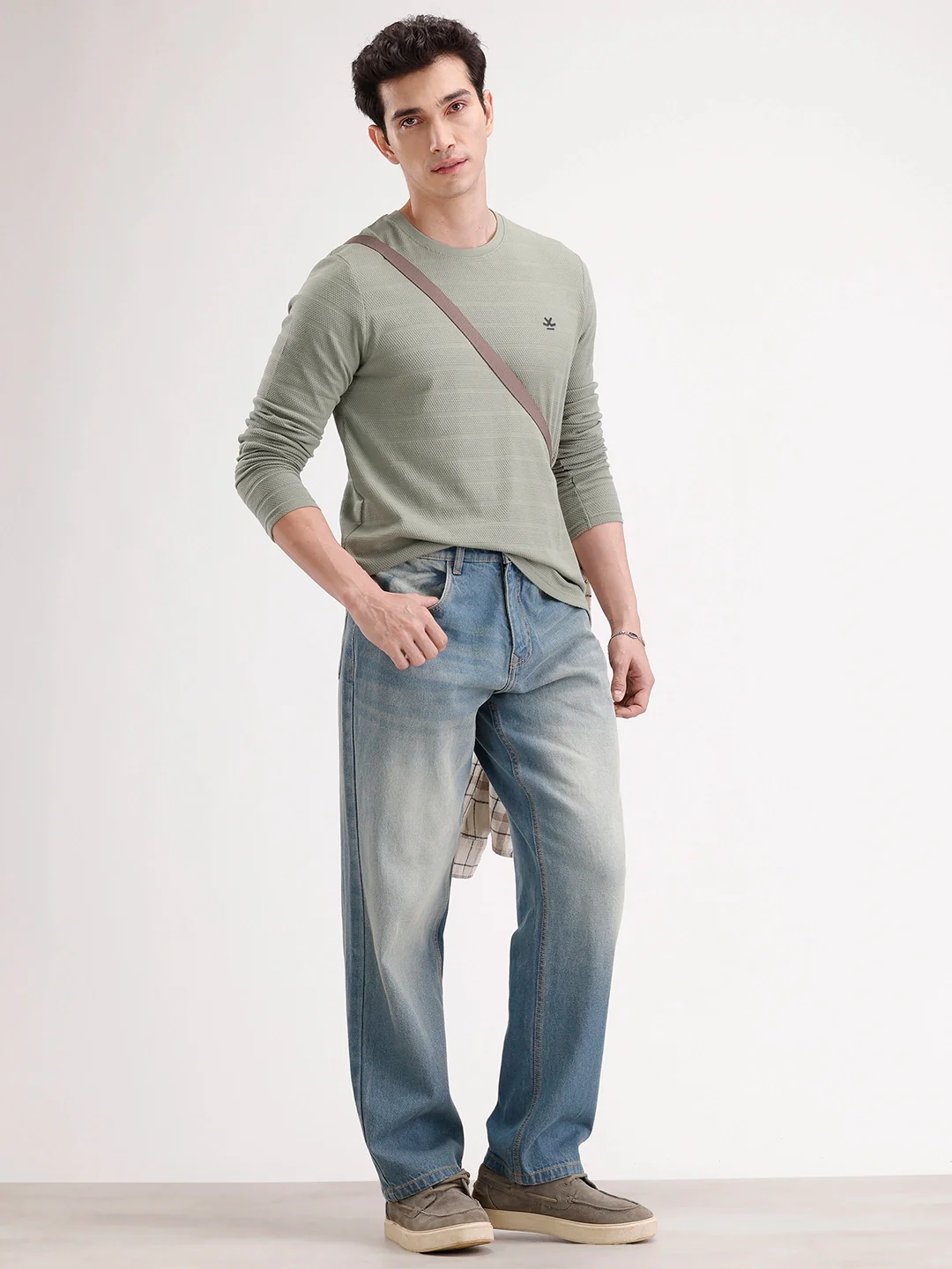 Slim Fit Textured Full Sleeves T-Shirt | Green - Image 2