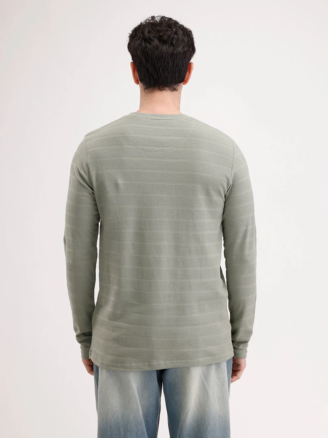 Slim Fit Textured Full Sleeves T-Shirt | Green - Image 3