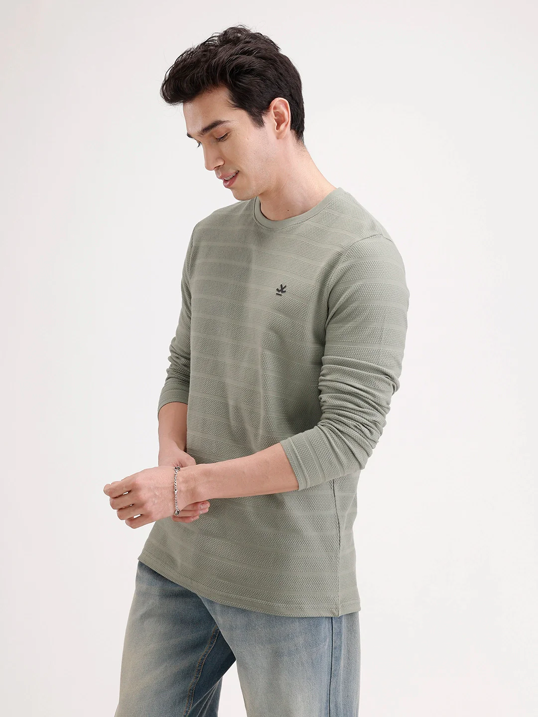 Slim Fit Textured Full Sleeves T-Shirt | Green - Image 4