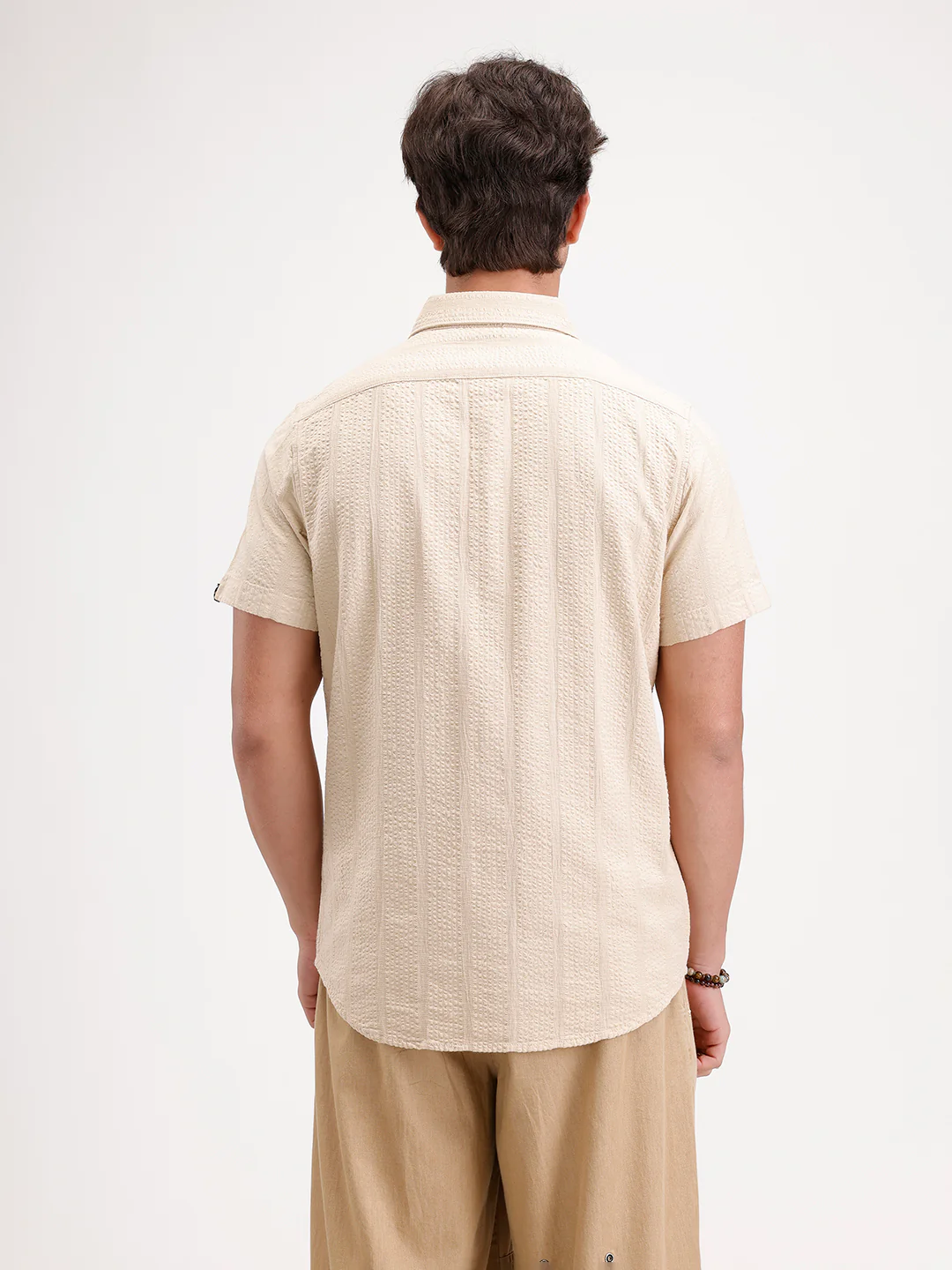 Slim Fit Textured Half Sleeve Shirt | Cream - Image 3