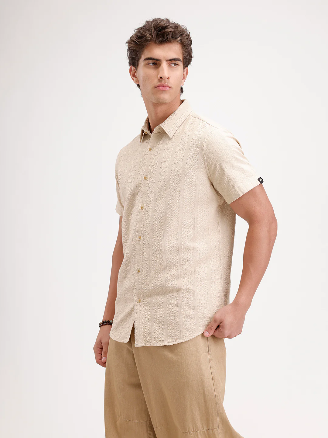 Slim Fit Textured Half Sleeve Shirt | Cream - Image 4