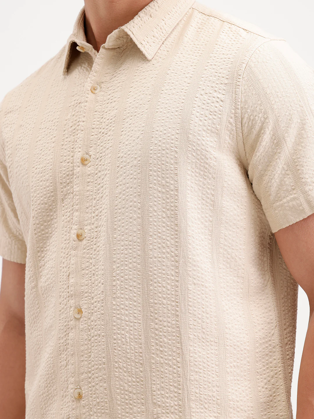 Slim Fit Textured Half Sleeve Shirt | Cream - Image 5