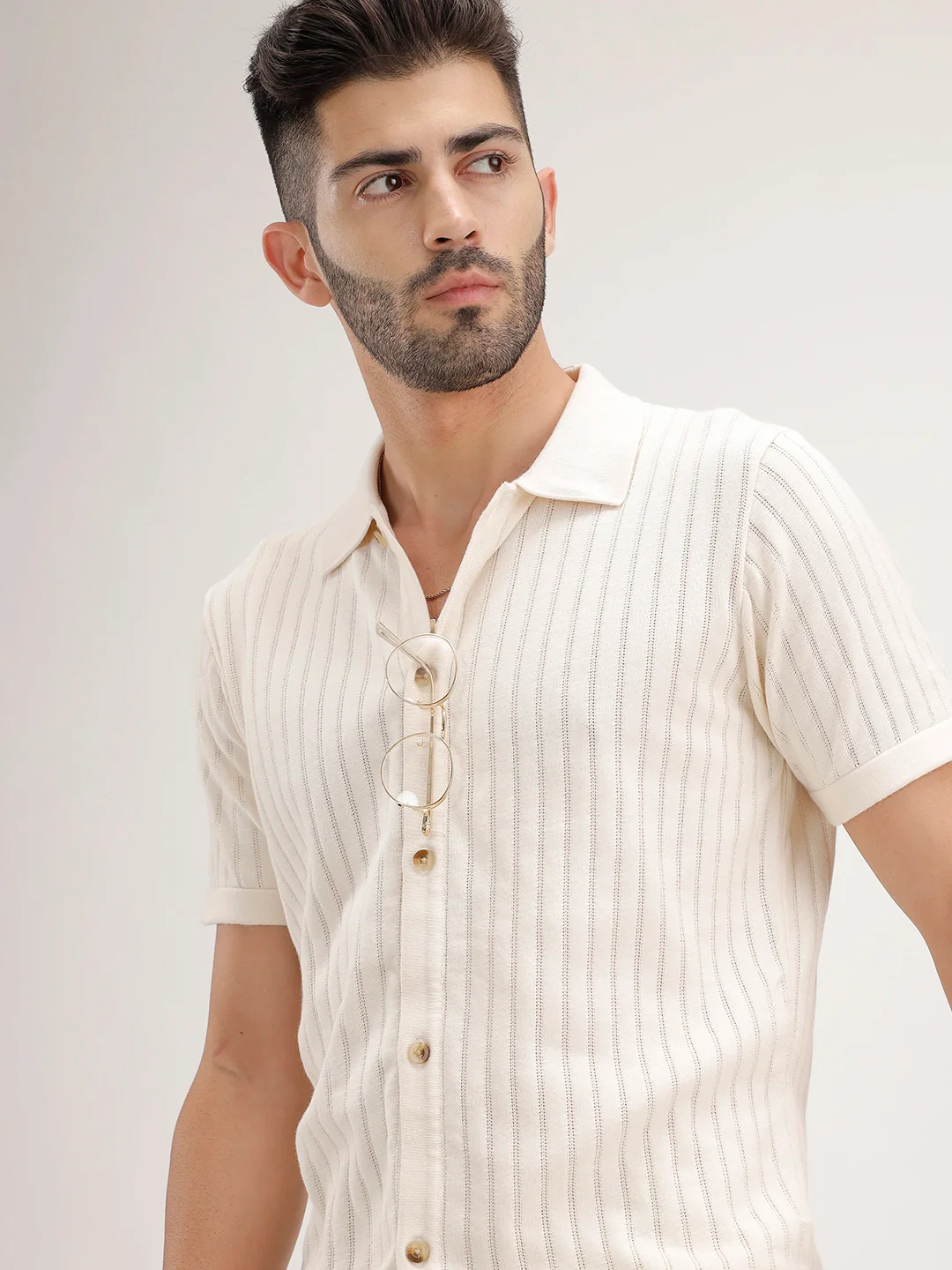 Slim Fit Textured Half Sleeve Shirt | Off White
