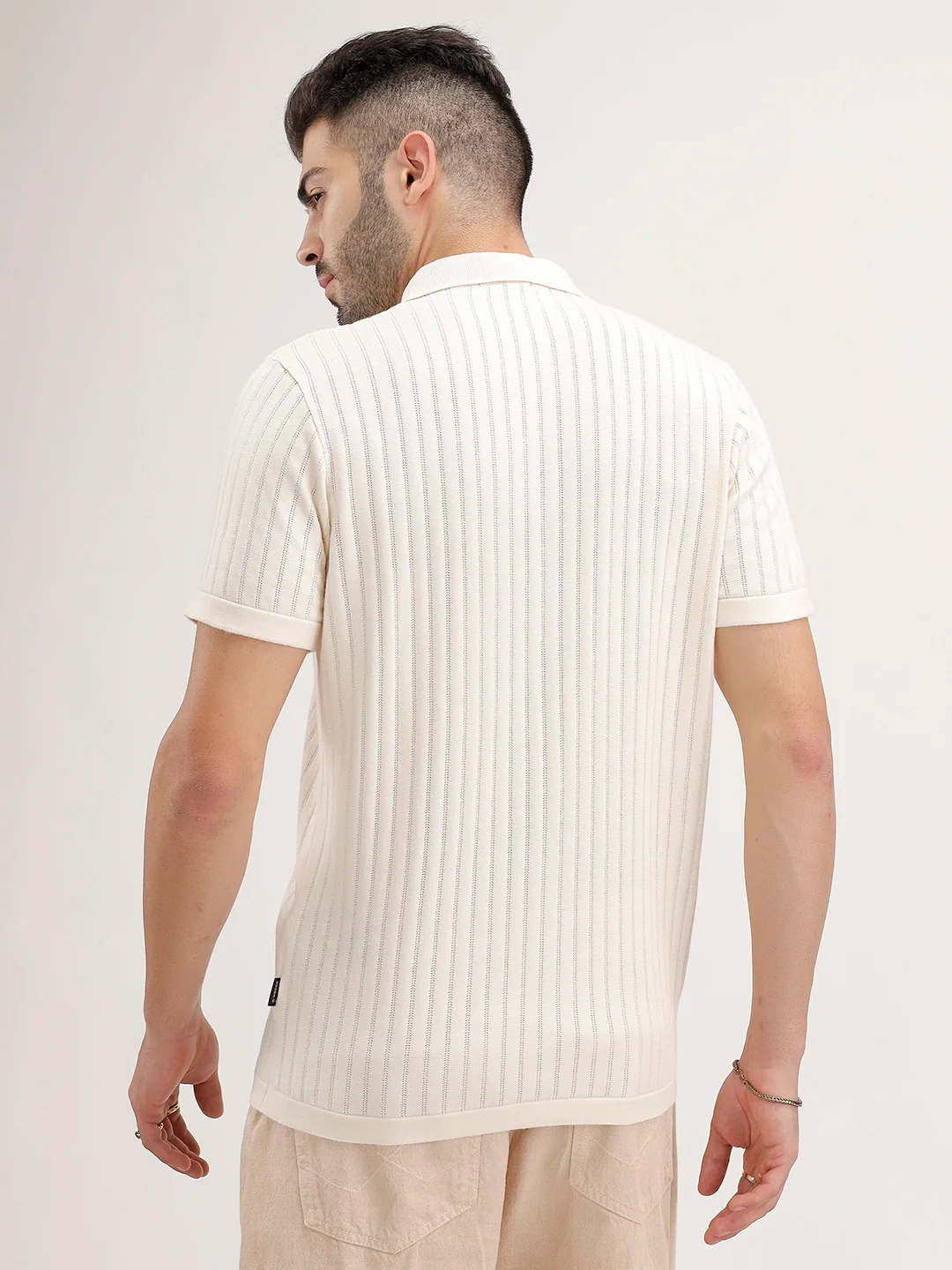 Slim Fit Textured Half Sleeve Shirt | Off White - Image 3