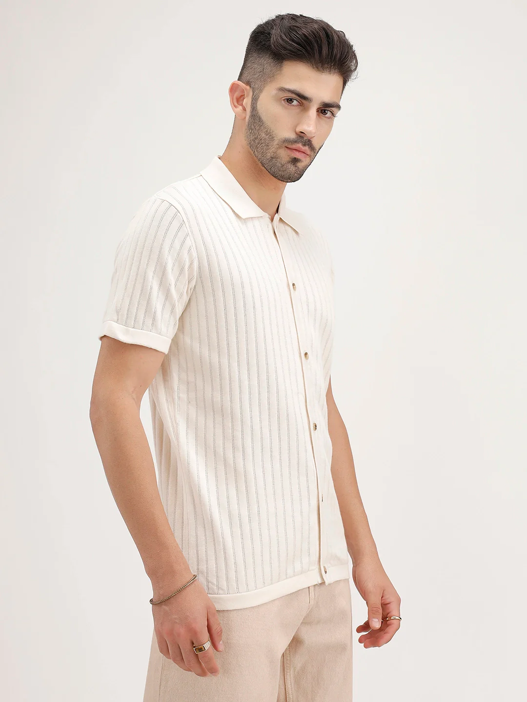 Slim Fit Textured Half Sleeve Shirt | Off White - Image 4