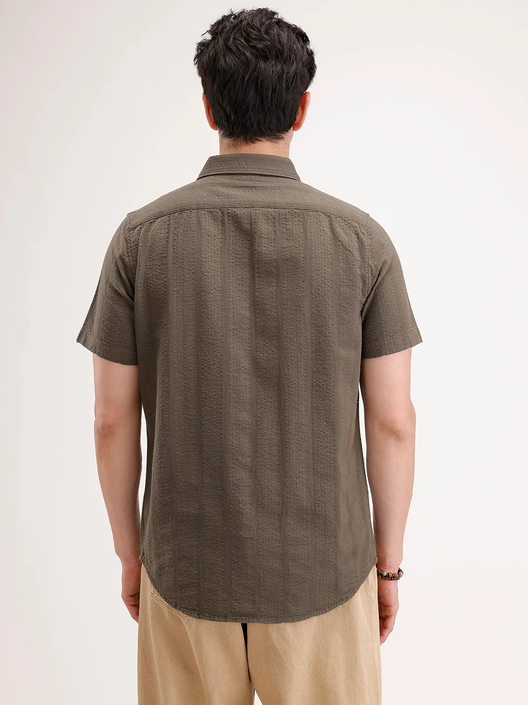 Slim Fit Textured Half Sleeve Shirt | Olive - Image 3